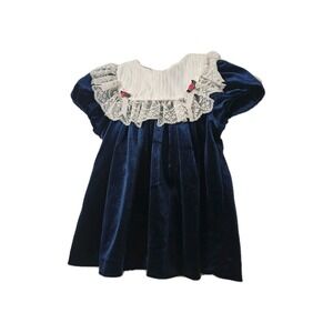 Vtg 24M Velour Dress Chantilly Place Floral Bib Collar Velvet Blue Girl Size USA